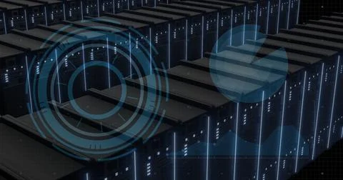 Data processing image over rows of servers in data center Stockfoto's