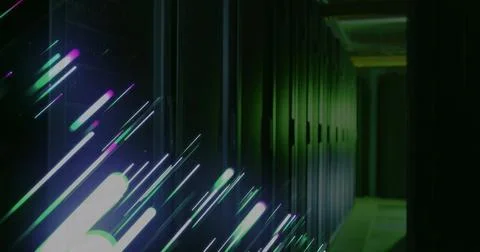 Data processing image over server racks in dimly lit data center 库存插图