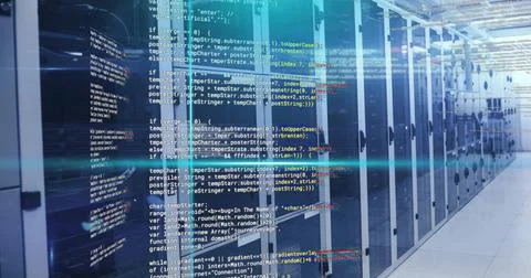 Data processing image over server racks in data center Stock Photos