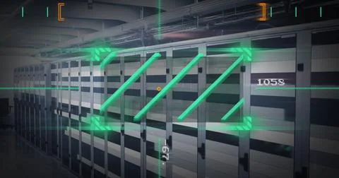 Data processing image over server racks in data center Stock Photos