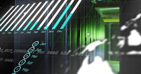 Data processing image over server racks in dimly lit data center Stock Photos