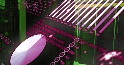 Data processing image over server racks with monthly timeline and code 스톡 사진