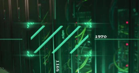 Data processing image over server room with cables and equipment 스톡 사진