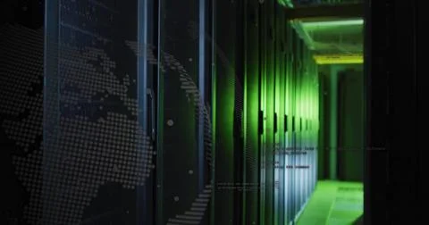 Data processing image over servers in green-lit data center Foto stock