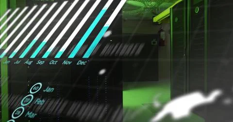 Data processing image over servers in green-lit data center Stock Photos