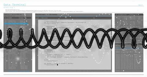 Data processing image over terminal access screen with code and wave pattern Stock Photos