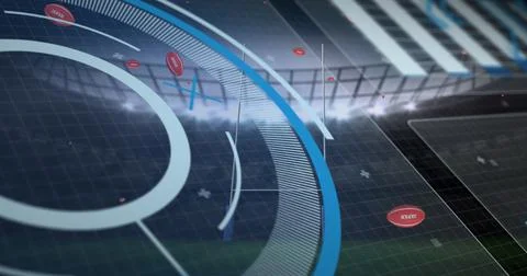 Data processing japan print on over rugby balls falling against sports stadium Illustrazione stock