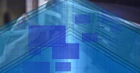 Data processing on mid section of worker worker in server room against blue Stock Illustration