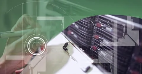 Data processing on mid section of worker worker in server room against green Foto stock