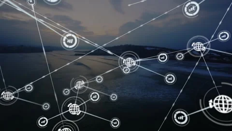 Data processing network animation overlaying landscape with connected lines and Stock Footage 305731241