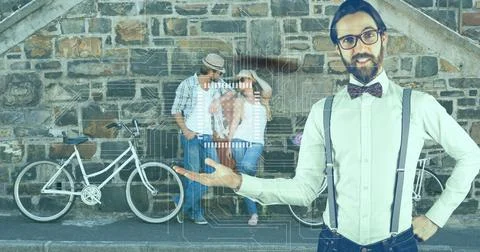 Data processing over caucasian businessman against caucasian couple with bicycle Fotos Stock