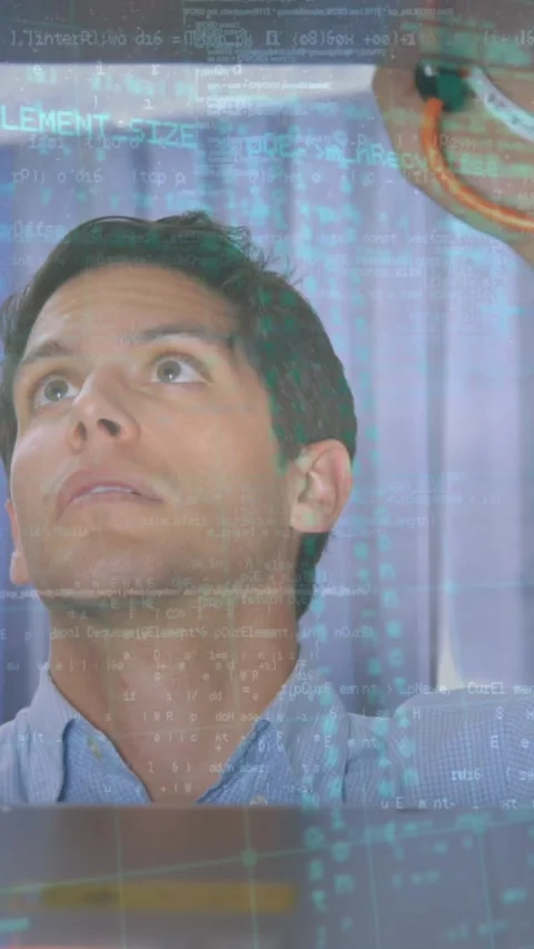 Data processing over caucasian male engineer working at computer server room Stock Footage 322955562