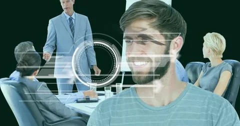 Data processing over caucasian man against group of diverse businesspeople Stock Photos