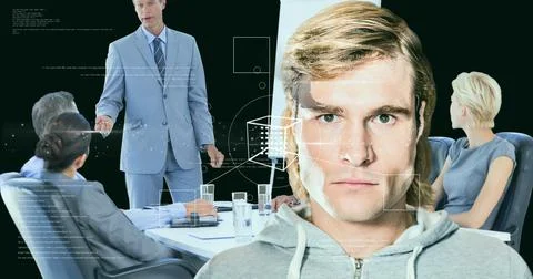 Data processing over caucasian man against group of diverse businesspeople Stock Photos