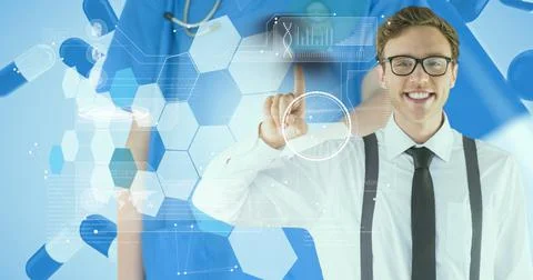 Data processing over caucasian man touching an invisible screen against mid Foto stock