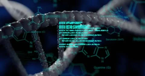 Data processing over chemical and dna structure against blue background Stock Photos