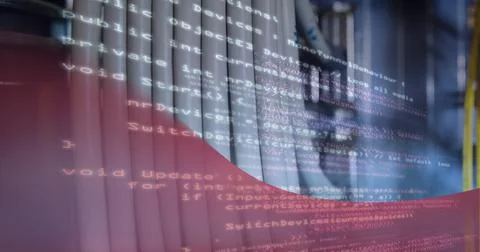 Data processing over close up of computer server against red technology 스톡 사진