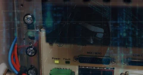 Data processing over close up of a computer server against male hacker 스톡 사진