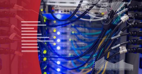 Data processing over close up view of computer server against red technology Stock Illustration