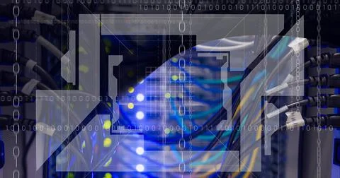 Data processing over close up view of computer server against black technology Stock Illustration