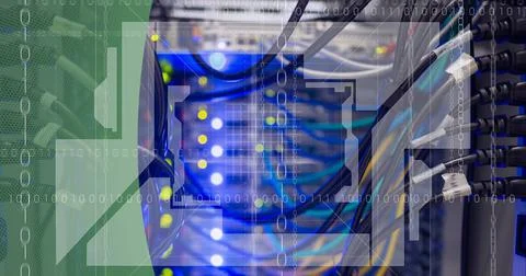 Data processing over close up view of computer server against green technology Stock Illustration