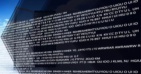 Data processing over clouds in blue sky against black technology background イラスト素材