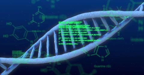 Data processing over DNA and chemical structure against blue background イラスト素材