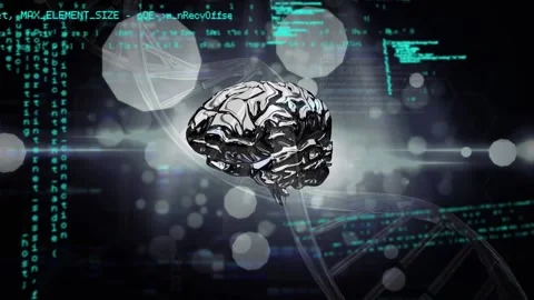 Data processing over dna structure and human brain against spots of light on Stock Footage 326626465