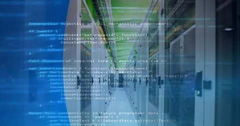 Data processing over empty computer server room against blue technology Stock Photos