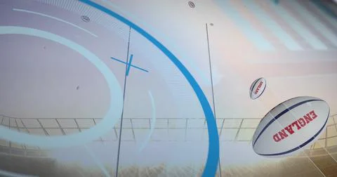 Data processing over england print on rugby balls falling against sports stadium Stock Illustration