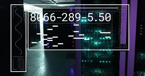 Data processing over glowing servers in dark computer server room 写真素材