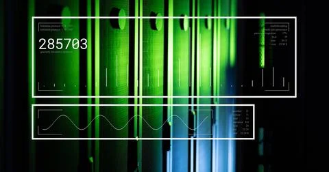 Data processing over glowing servers in dark computer server room Stock Photos