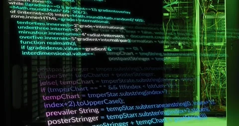 Data processing over green computer servers on black background Stock Footage 330735813