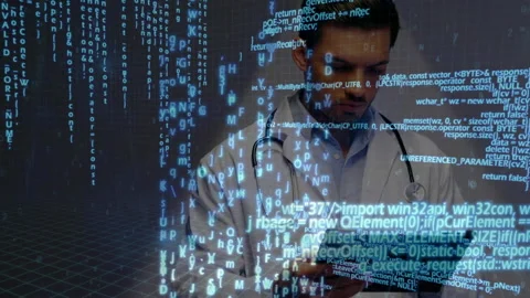 Data processing over grid lines against male doctor with stethoscope around his Stock Footage 141238680