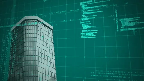 Data processing over grid network against tall building on green background 스톡 동영상 153286855