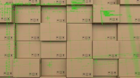 Data processing over grid network against stack of boxes in background Stock Footage 157565578
