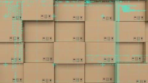 Data processing over grid network against stack of boxes in background Stock Footage 157565645