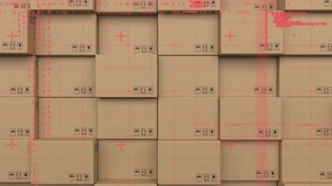Data processing over grid network against stack of boxes in background Stock Footage 157565674