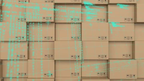 Data processing over grid network against stack of boxes in background Stock Footage 157565757