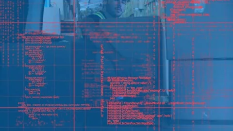 Data processing over grid network against caucasian delivery man stacking Stock Footage 157929783