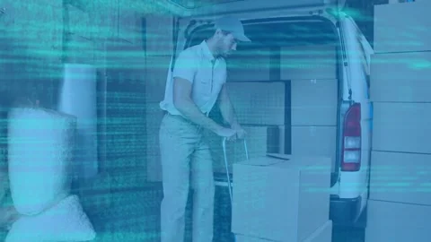 Data processing over grid network against caucasian delivery man stacking Stock Footage 157929816