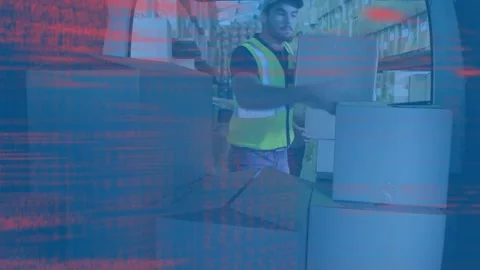 Data processing over grid network against caucasian delivery man stacking Stock Footage 157930057