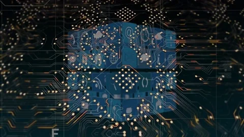 Data processing over grid network against microprocessor connections on black Vídeo Stock 199288496