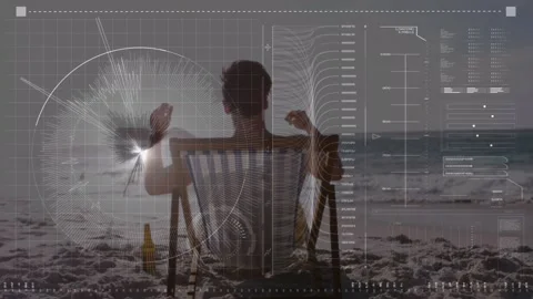 Data processing over grid network against rear view of caucasian man sunbathing Stock Footage 329419445