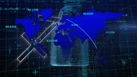 Data processing over grid network against world map and security padlock icon on Stock Footage 329967391