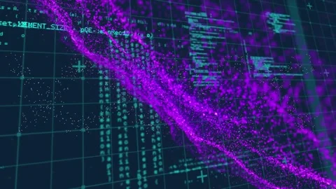 Data processing over grid network against purple digital waves on blue Stock Footage 330057852
