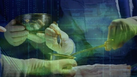 Data processing over grid network against mid section of surgeons performing Stock Footage 330246175