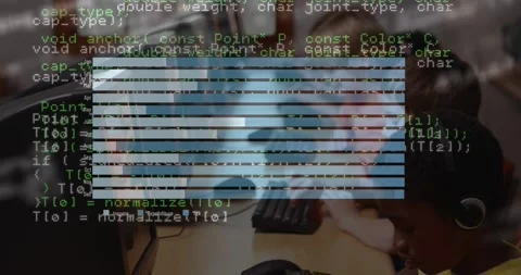 Data processing over group of diverse kids using computer and then waving Stock Footage 329496641