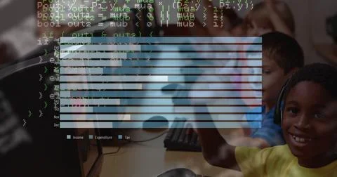 Data processing over group of diverse kids using computer and then waving Foto stock