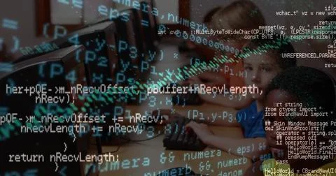 Data processing over group of diverse kids using computer and then waving Stockfoto's